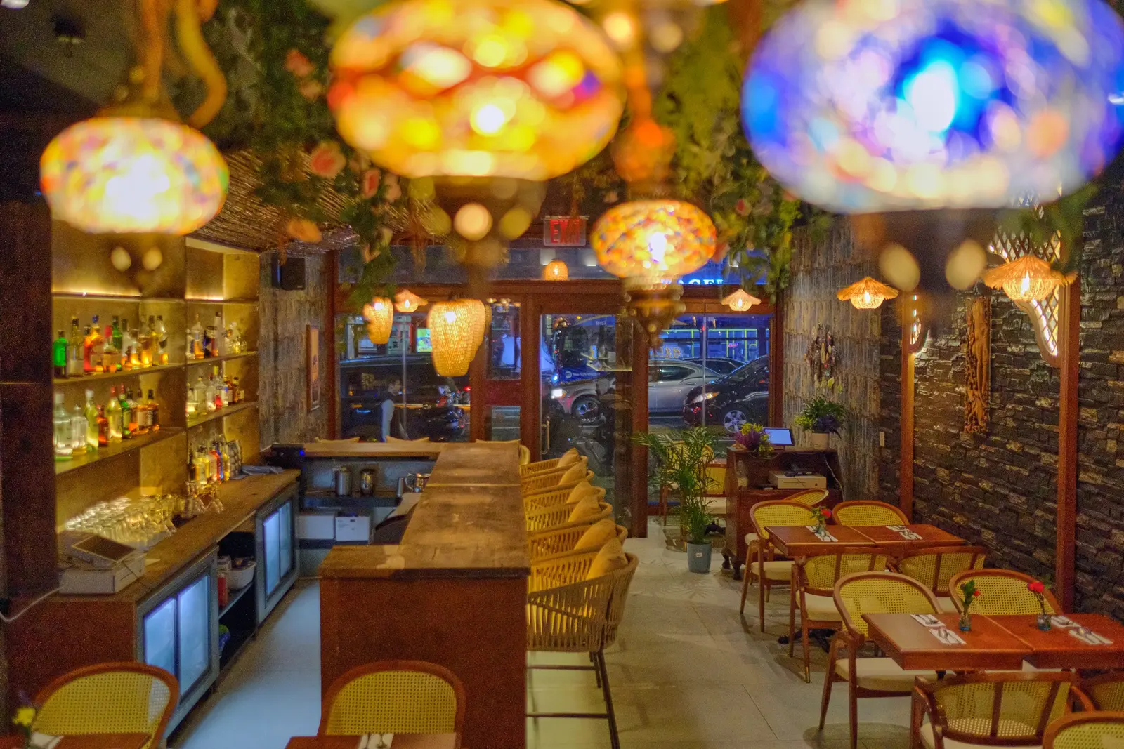 Lanterns over the dining room. Colorful lanterns over the dining room at Elephant Ear Thai NYC