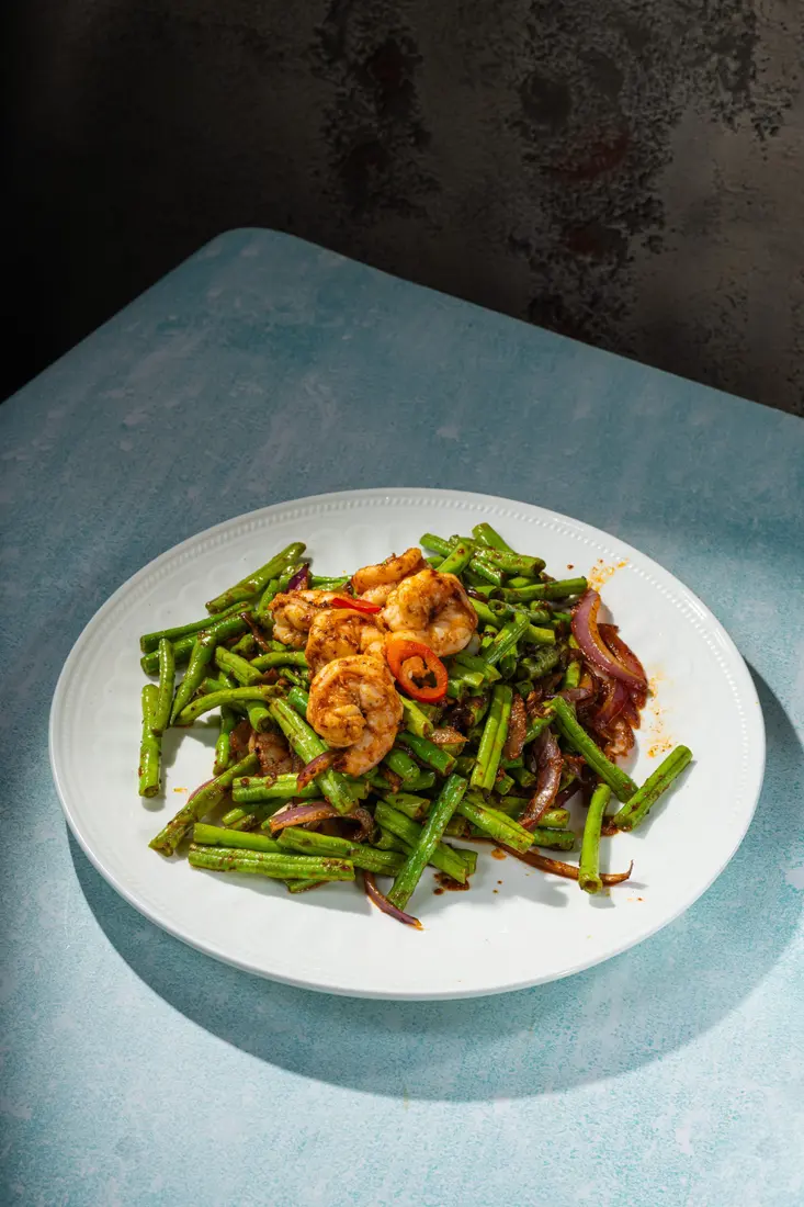 Long beans with shrimp in sambal sauce at Elephant Ear Thai Eatery, Hell's Kitchen NYC Long beans with shrimp in sambal sauce at Elephant Ear Thai Eatery, Hell's Kitchen NYC