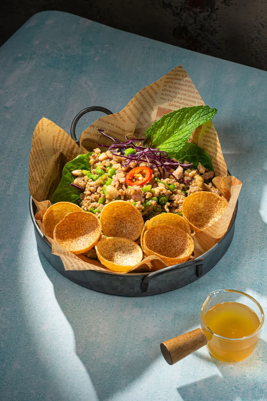 Thai basil minced chicken with pani puri at Elephant Ear Thai Eatery, Hell's Kitchen NYC Thai basil minced chicken with pani puri at Elephant Ear Thai Eatery, Hell's Kitchen NYC