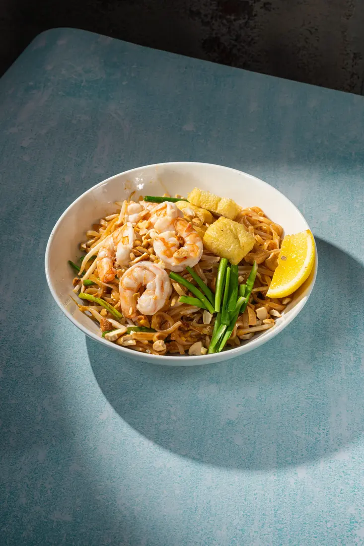 Pad Thai with shrimp at Elephant Ear Thai Eatery, Hell's Kitchen NYC Pad Thai with shrimp at Elephant Ear Thai Eatery, Hell's Kitchen NYC