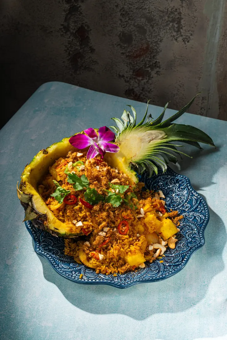 Pineapple fried rice boat at Elephant Ear Thai Eatery, Hell's Kitchen NYC Pineapple fried rice boat at Elephant Ear Thai Eatery, Hell's Kitchen NYC