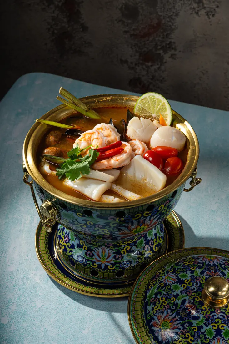 Tom Yum in a Benjarong pot at Elephant Ear Thai Eatery, Hell's Kitchen NYC Tom Yum in a Benjarong pot at Elephant Ear Thai Eatery, Hell's Kitchen NYC