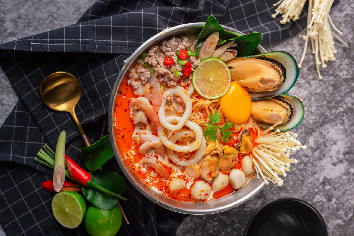 Tom Yum Talay, the mixed seafood version. Tom Yum Talay mixed seafood soup with squid and shrimp